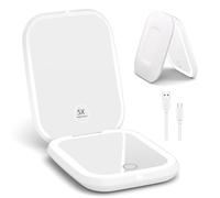 WOBSION Compact Mirror with Light, 1X & 5X Magnification Travel Makeup Mirror for Handbag, USB-C Rechargeable Mirrors for Purse, Pocket, Dimmable LED, Portable, Gift for Women, White