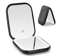 WOBSION Compact Mirror with Light, 1X & 5X Magnification Travel Makeup Mirror for Handbag, USB-C Rechargeable Mirrors for Purse, Pocket, Dimmable LED, Portable, Gift for Women, Black