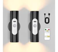 WOBSION Motion Sensor Wall Lights Indoor - Rechargeable Battery Operated Wall Sconces with Remote Control, Wireless LED Wall Lamp for Hallway, Stair, Bedroom, Living Room, Black Metal, 2 Pack