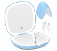 WOBSION Travel Mirror with Light for Makeup, 1x/10x Magnifying Compact Mirror for Handbag, 10cm Rechargeable Pocket Mirrors, 2-Side Dimmable Led Light up Mirrors, Handheld, Gifts for Women, Blue