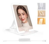 WOBSION Travel Mirror with Light, Led Light Up Mirrors for Makeup, Rechargeable Light Mirror with 3 Color for Handbag, Gifts for Girls, Adjustable Stand, White