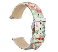 WOCCI 22mm Leather Watch Strap for Women with Floral Print, Quick Release Band, Silver Buckle (White Garden)