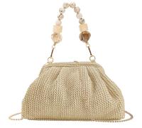 wocharm Women Straw Woven Pleated Cloud Shape Clutch Bag, Beaded Handle Summer Beach Crossbody Evening Purse with Chain Strap, Khaki