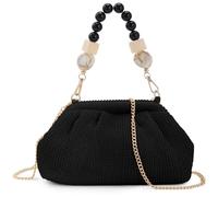 wocharm Women Straw Woven Pleated Cloud Shape Clutch Bag, Beaded Handle Summer Beach Crossbody Evening Purse with Chain Strap, Black
