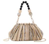 wocharm Women Straw Woven Pleated Cloud Shape Clutch Bag, Beaded Handle Summer Beach Crossbody Evening Purse with Chain Strap, Brown Stripes