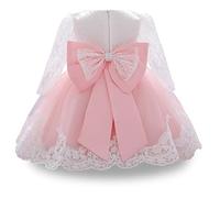 WOCINL Baby Girls Christening Long Sleeve Lace Bowknot Dresses Princess Wedding Birthday Pageant Party Baptism Tutu Gown Pink 12-18M