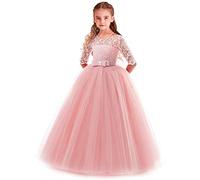 WOCINL Flower Girl 3/4 Sleeve Floral Lace Floor Length Dress Princess Pageant Birthday Party Wedding Communion Evening Tulle Ball Gown Pink 7-8T