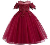 WOCINL Flower Girls Applique Lace Wedding Tulle Dress Cold-Shoulder Short Sleeve Princess Pageant Birthday Christmas Party Evening Dance Ball Gown Deep Red 4-5T