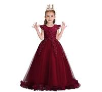 WOCINL Flower Girls Lace Appliques Wedding Dress Princess First Communion Long Tulle Birthday Pageant Party Dance Ball Gown Burgundy 11-12 Years