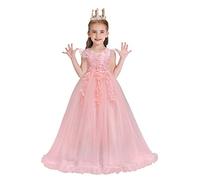 WOCINL Flower Girls Lace Appliques Wedding Dress Princess First Communion Long Tulle Birthday Pageant Party Dance Ball Gown Pink 7-8 Years