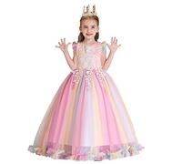 WOCINL Flower Girls Lace Appliques Wedding Dress Princess First Communion Rainbow Tulle Birthday Pageant Party Dance Maxi Ball Gown 3-4 Years