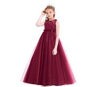 WOCINL Flower Girls Sleeveless Wedding Party Dress Vintage Princess Birthday Tulle Lace A-Line Evening Dance Ball Gown Burgundy 4-5T