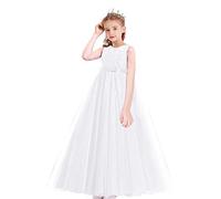WOCINL Flower Girls Sleeveless Wedding Party Dress Vintage Princess Birthday Tulle Lace A-Line Evening Dance Ball Gown White 12-13T