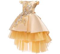 WOCINL Flower Girls Wedding Tulle Dresses Princess High Low Beaded Pageant Prom Birthday Party Evening Dance Ball Gown Gold 11-12 Years