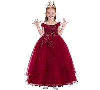 WOCINL Girls Off-The-Shoulder Party Dress Princess Birthday Pageant Wedding Prom Communion Evening Dance Long Tulle Gown Deep Red 6-7 Years