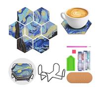 wocpvm 7 PCS Van Gogh Diamond Painting Coasters, Hexagon Coaster Van Gogh Starry Night Diamond Painting Coasters Kits with Holder for Beginners, Craft Sets Gifts for Women Girls Kids