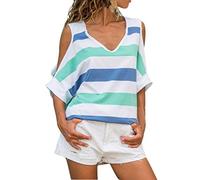 wodceeke Womens Casual Tee Stripe Off Shoulder Patchwork Color Blouse T-Shirt Tops