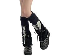WODECASA Girls Kawaii Leg Warmers Knitted Flared Leg Sleeves Goth Crochet Baggy Cuff Ankle Heap Socks, Lace Up - Black + White, One Size