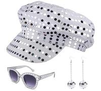 Wodehahagou 3PCS 70s Disco Hat Set - Sequins Hat, Sunglasses & Glitter Earrings for Women's Theme Party & Dance
