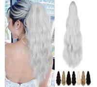 Wodelanle 22 Inch Long Wavy Curly Clip In Ponytail Extensions Natural Looking Synthetic Ponytail Hair Extensions Hairpiece for Women Silver Grey