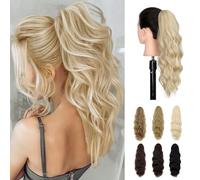 Wodelanle Ponytail Extension, 20 Inch Drawstring Ponytail Extension Long Blonde Wavy Pony Tails Hair Extensions Synthetic Clip in Fake Ponytail Hairpiece for Women(Mix Blonde)