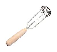 Woden World - A Metal Potato Masher with a Wooden Handle and a Round, Perforated tip. for mashing Potatoes and Other Vegetables.