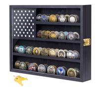 WodGod Military Challenge Coin Display Case, 16”x12” Wooden American Flag Medal Shadow Box with Anti-Fade UHD Acrylic Door, Gold-Antitheft Lock, 2 Groove Shelves and Wall Mount (Black184)