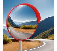 WODHMIEY Outdoor Convex Traffic Mirror with Sun Visor 30/45/60 cm Wide Angle Safety Mirror Impact Resistant PC Lens Pole Mountable for Driveway Road Garage Warehouse Use Red Warning Back