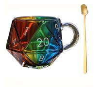 wodjcks Rainbow D20 Dice Mug, D20 Dice Glass Coffee Mugs, Polyhedral Dice Coffee Cup with Handle, Geeky Dice-Shaped Mug Rainbow Design, Funny Collection Glass Coffee Mugs, Gift for Game Enthusiasts