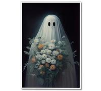 Wodkodnxy Halloween Ghost Canvas Wall Art, Funny Cute Ghosts Holding Flower Poster, Dark Academia Spooky Room Decor Aesthetic, Gothic Art Print Painting for Bedroom Living Room 12x16in Unframed