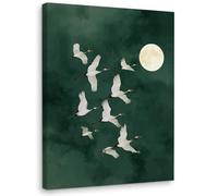 WODMIS Japanese Flying Crane Full Moon Wall Decorations Framed Canvas Art, Dark Green Asian Oriental Japanese Crane Bird Decor Canvas Home Decorations for Home Bedroom Living Room Wall Decor 11x14