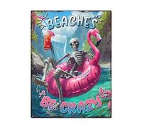 Wodoro Beaches Be Crazy Skeleton Flamingo Metal Sign, 11.8x15.7 Inches, Beach Bum, Flamingo Skeleton Tube, Outdoor Pool Bar Patio Porch Sign, Pool Cruise Decor, Tiki Summer Beach House Sign