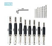 Wodsty 17-Piece Black Oxide Self-Centering Hinge Drill Bit Set with Pilot Hole Guide for Woodworking and Hardware Installation