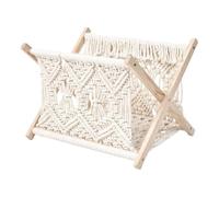 Wodsty Hand Woven Macramé Magazine K For Books & Newspapers - Compact 33X26X3 Cm Wooden Storage Holder With Cotton Rope, White, Stylish Boho Home Organization For Living Room, Bedroom Or Office