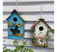 Wodsty Handmade Wooden Country Style Hanging Bird House | Rustic Wooden Hanging Bird House Garden Decoration with Iron Sheet and Vines