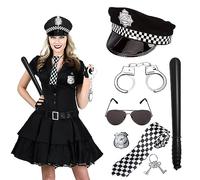 Woeau 6PCS Police Costume Accessories - Halloween Sheriff Badge, Baton, Glasses, Ties, Cop Hat and Handcuffs - Outfit for Role Play