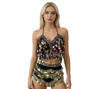 Woedpez Belly Dance Costume Hip Scarf and Glittering Sequins Skirt Wrap Photography Studio Wear for Nightclub Outdoor Show Belly Suit