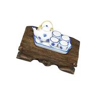 Woedpez Miniature Teaware Set Model for Children and Collectors with Blue White Porcelain Teapot Cup Tray Doll House Furniture Miniature Ceramic Teaware