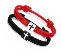 Woedpez Pack of 2 Black Adjustable Bracelets Religious Crosses Charm Wristband for Couples Religious Gift
