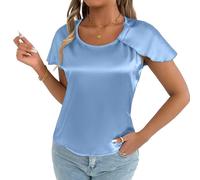 Woedpez Womens Business Casual Blouse Split Short Sleeve Tops Silk Neck Work Shirts Outfits Women ' s Business Casual Silk Blouse Short Sleeve Work Top for Professional and Wear Navy Blue