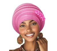 Woeoe African Auto Gele Headwrap Pink Flower Turban Cap Nigerian Headscarf for Women