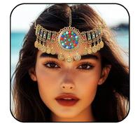 Woeoe Bohemian Gold Head Chain with Turquoise, Antique Coin Hair Chian, Festival Egyptian Headpiece for Women