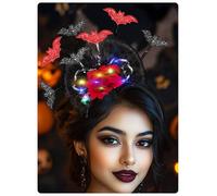 Woeoe Halloween Flower Headband Day of The Dead Red Bat Hair Band Gothic for Women Cosplay Rave Costume Hair Accessories