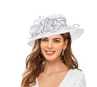 Woeoe Organza Church Hat Church Hats for Women Pearl Fascinator Sun Hat Bridal Tea Party Wedding Summer Ruffles Cap, White, One Size