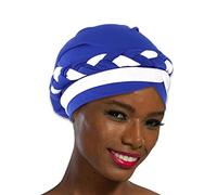 Woeoe Women African Turban India's Hat Black Stretch Braid Head Wrap, Blue+white, 6