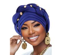 Woeoe Women African Turban Pre-Tied Twisted Beanie Cap Headwear Rhinestone Soft Stretchy Head Turbans, Royal Blue, M