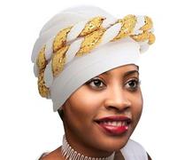 Woeoe Women's African Head Wrap Black Braid Turban Sequins Pre-Tied Head Scarf Beanie Cap Headwear, White, One Size
