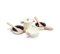 Woet Metal Pot & Pan Set - Off-White Toy Kitchen Playset for Toddlers 24 Months+ - 7-Piece Pretend Cooking Set with Wooden Utensils - Accessories for Boys and Girls