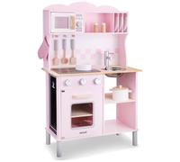 Woet® Pink Wooden Toy Kitchen with Light & Sound Hob, 12 Accessories | Pretend Play Kitchen, Wooden Kitchen Playset, Toy Oven, Microwave, Removable Sink, Chalkboard, Role Play, Age 3 Years+