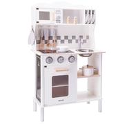 Woet® White Wooden Toy Kitchen with Light & Sound Hob, 12 Accessories | Pretend Play Kitchen, Wooden Kitchen Playset, Toy Oven, Microwave, Removable Sink, Chalkboard, Role Play, Age 3 Years+